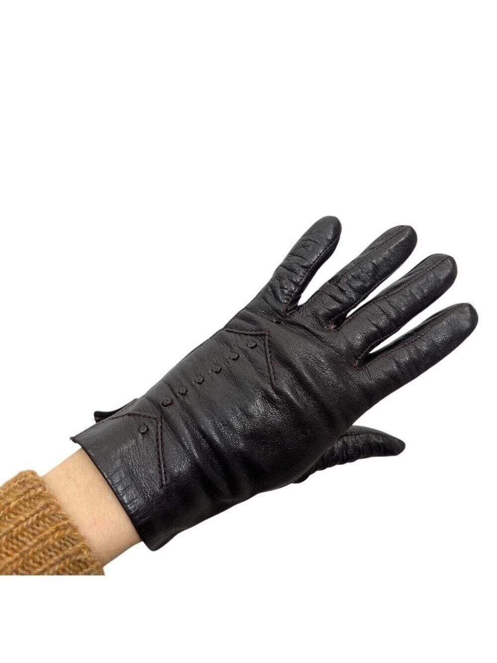 Vintage dark brown piqué stitched lined leather wrist length short gloves 7